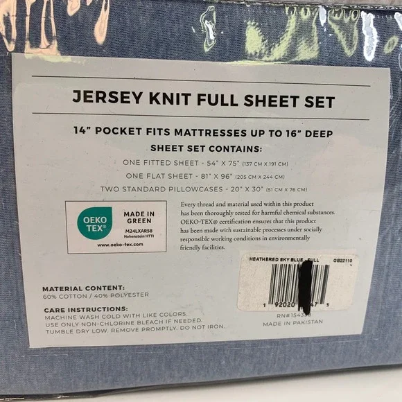 Jersey Knit Full Sheet Set Heathered Sky Blue Soft Cozy All‎ Season Bedding - Picture 5 of 7